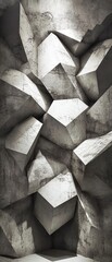 Abstract geometric shapes in shades of gray create a textured background.