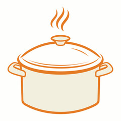 Steaming pot with orange trim and handles cooking white