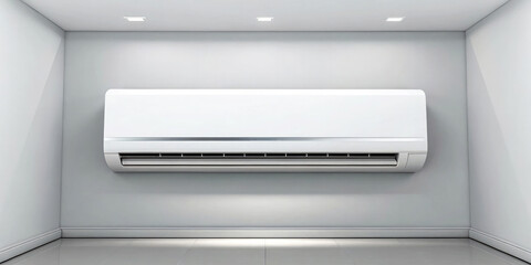 White air conditioning split system unit mounted on a gray wall in a minimalist room with lights