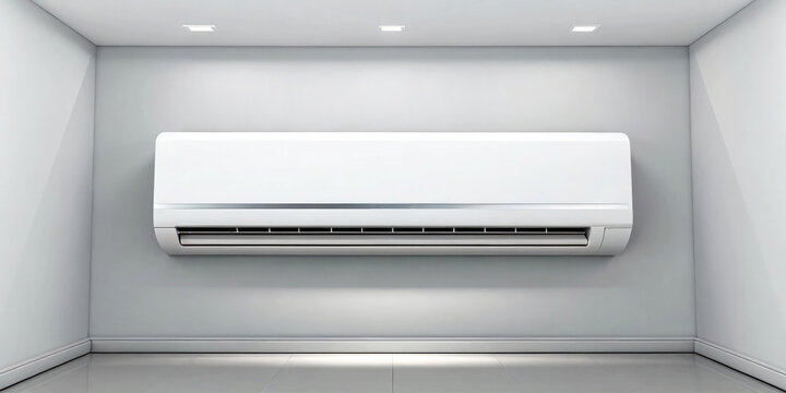 White air conditioning split system unit mounted on a gray wall in a minimalist room with lights