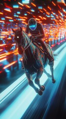 Person rides a horse in a futuristic city with neon lights.