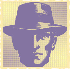  Engraving postal stamp halftone frame vector in purple color showing a half-hidden mysterious face with glasses in shadow, detailed retro etching style, isolated background