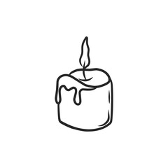Simple Hand-Drawn Black and White Burning Candle with Dripping Wax Illustration