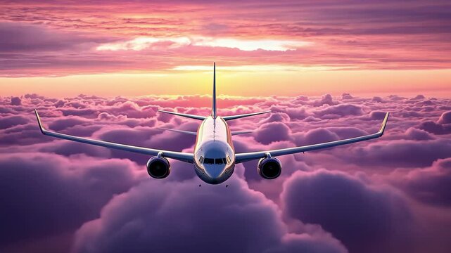 Slow flight through morning sky with pink clouds hovering below, slow flight over the morning sky with pink clouds from which the sun rises