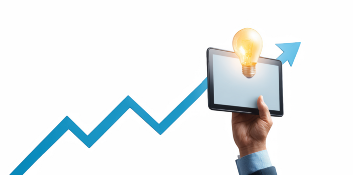 Businessman holding a digital chart or graph in hand for data presentation