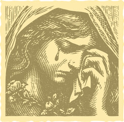  Green Color Sorrowful Woman Wiping Tears Vector — Engraving Style Postal Stamp Frame Design with Lined Effect — Emotional Female Portrait in Vintage Illustration Art