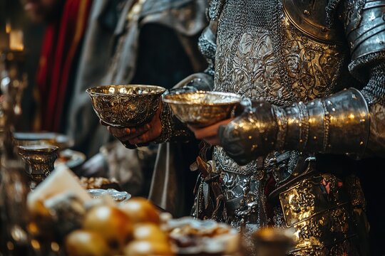 medieval banquet with knights clanking goblets together