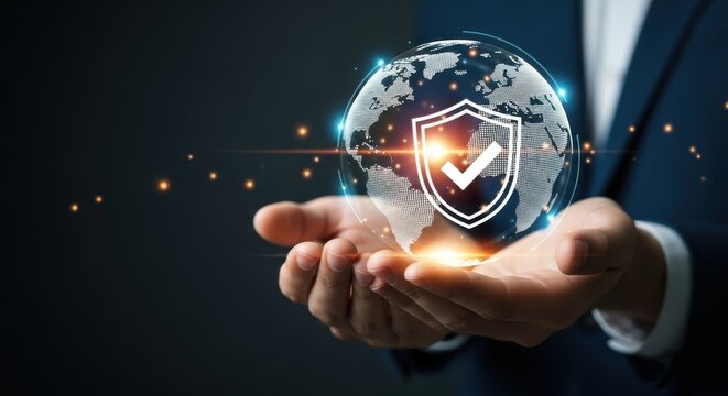 A person holds a digital globe with a shield and check mark, symbolizing global cybersecurity and data protection