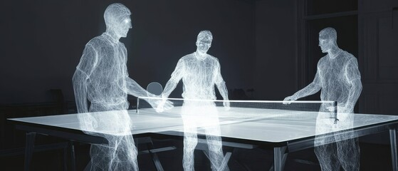 Three figures stand around a table with a ghostly or transparent appearance.