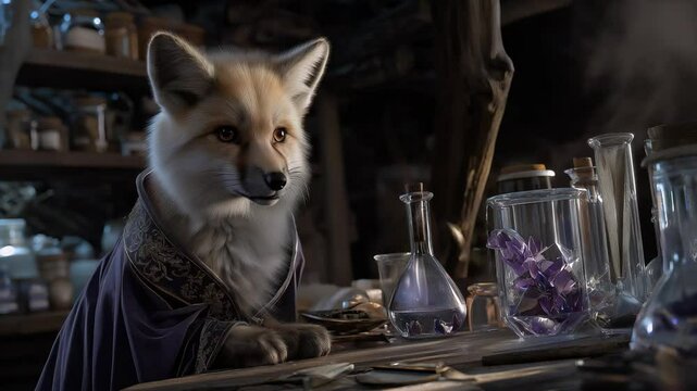 A fox watches silently from the shadows while completing her potion