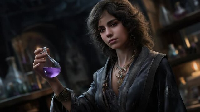 A woman levitates a potion to place in her satchel