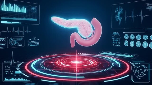 Futuristic holographic medical interface analyzing human pancreas and duodenal health data