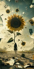 A large sunflower stands in a field with a person in the background.