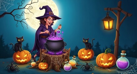Enchanted Halloween Night A Cartoon Witch's Potion Brewing Adventure