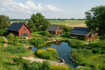 Obraz premium Idyllic rural landscape featuring three charming houses, a pond, and lush gardens.