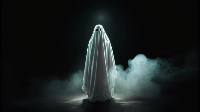 Spooky ghost under spotlight in thick fog
