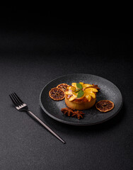Sweet round pie or tart with apples and peach. Mini sweet tart
