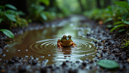 Close up of a frog sitting in a puddle with ripples around it