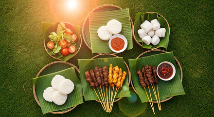 Appetizing array of satay skewers, rice cakes, and refreshing salad presented on banana leaves,...