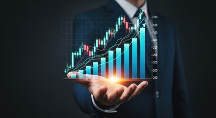 A hand presents a rising stock market chart, symbolizing business growth and financial investment success