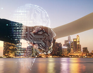 A conceptual double exposure image featuring a handshake between two individuals overlaid with a glowing, circuit-board-like brain silhouette, all set against a blurred, illuminated cityscape at dusk,