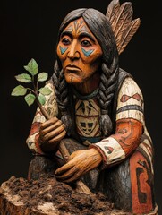 Native American figure holding a small plant with braids and face paint.