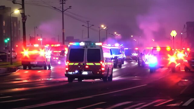 Emergency vehicles respond to a nighttime incident on a city street. Multiple ambulances and police cars with flashing lights are visible.