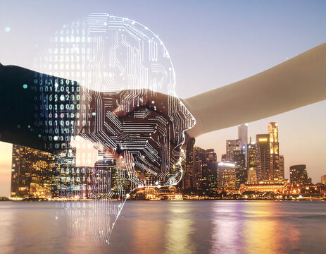 A conceptual double exposure image featuring a handshake between two individuals overlaid with a glowing, circuit-board-like brain silhouette, all set against a blurred, illuminated cityscape at dusk,