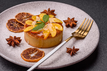 Sweet round pie or tart with apples and peach. Mini sweet tart