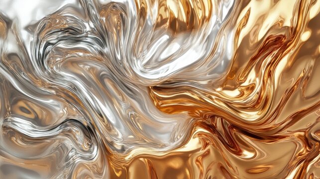 Abstract swirling gold and silver liquid metal texture.