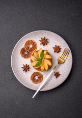 Sweet round pie or tart with apples and peach. Mini sweet tart