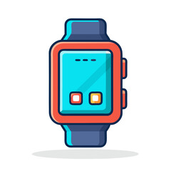A vibrant and modern cartoon illustration of a smartwatch featuring a turquoise screen orange frame and dark blue straps set against a clean white background