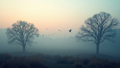 Trees in fog with birds flying across the sky at early morning