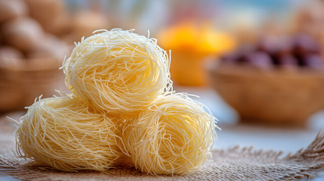 Raw Kadaif Noodles in Decorative Bowl &ndash; Traditional Dessert Preparation with Almonds