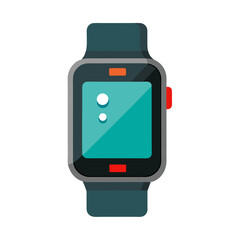 Illustration of a modern smartwatch featuring a teal screen with two white dots dark gray casing and a matching band set against a clean white