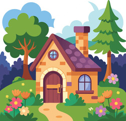 Naklejka premium Charming Countryside House Vector Illustration with Garden Flowers and Trees, Cute Cartoon House in a Garden Scene, Cozy Country Cottage Vector Art, Colorful Forest House with Flowers 