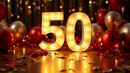 Golden balloons and confetti mark a festive fiftieth anniversary celebration in an elegant interior setting