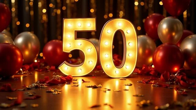 Golden balloons and confetti mark a festive fiftieth anniversary celebration in an elegant interior setting - Powered by Adobe