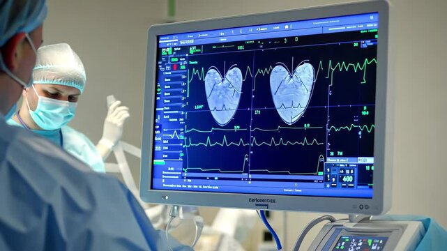 Monitoring heart activity during coronary angiography procedure in a medical setting, Heart Monitor ECG coronary angiography
