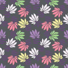 Fototapeta premium Seamless floral pattern, colorful ditsy print, abstract ornament in retro folk motif. Pretty decorative art botanical design of hand drawn large, small flowers, leaves, wild herbs. Vector illustration
