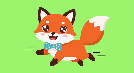  Cute Cartoon Fox Character Running and Waving.  Adorable cartoon fox mascot running and waving, wearing a bow tie and backpack. Ideal for children's themes, animal content, and energetic branding.