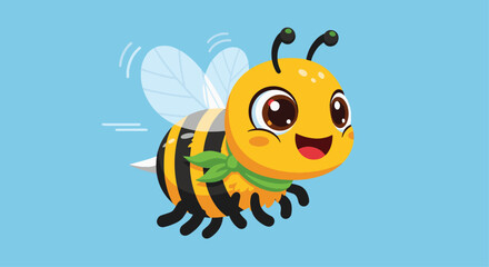 Cute Cartoon Bee Character Flying and Smiling. Adorable cartoon bee mascot flying and smiling, wearing a green scarf. Energetic, cute character. Ideal for children's themes and lively branding.