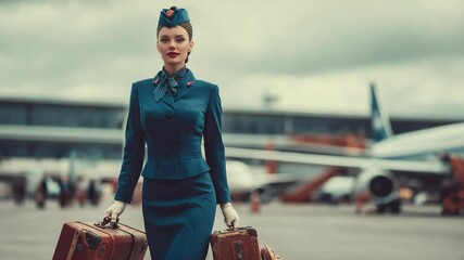 Elegant flight attendant in blue uniform
