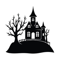 black silhouette of a spooky haunted house with tree 