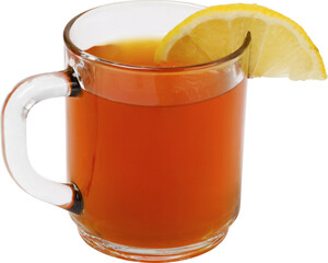Refreshing amber colored hot beverage in a clear glass mug garnished with a bright yellow lemon...
