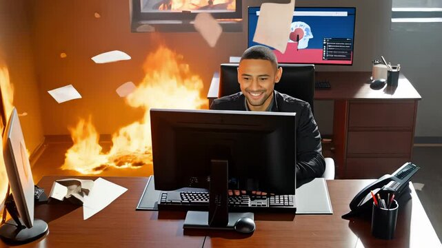 Burnout at work. Intense office fire raging around focused businessman, continuing work at computer while papers fly chaotically, seemingly unaware of surrounding destruction and imminent danger