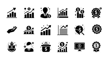 Comprehensive Financial and Business Metrics Icons Set. Set of 20 solid black financial/business icons: graphs, coins, dollar signs, investor profiles, money pot, and badges. Ideal for finance, grow