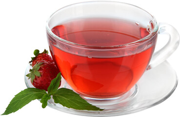 Refreshing red fruit tea in a clear glass cup with fresh strawberries and mint leaves isolated on...