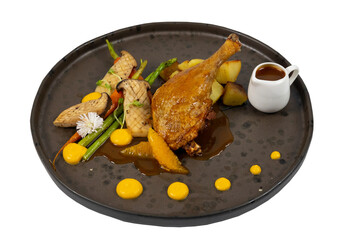 French Duck Confit with Roasted Vegetables and Orange Sauce – Fine Dining Plating