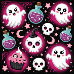 Cute Halloween Ghosts Skulls Potions Stars vector